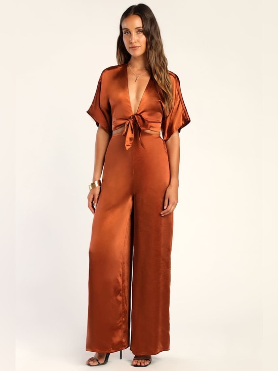 Lulus Pants - Lulus | Flirt For Fun Rust Brown Tie-Front Two-Piece Wide-Leg Jumpsuit, XS